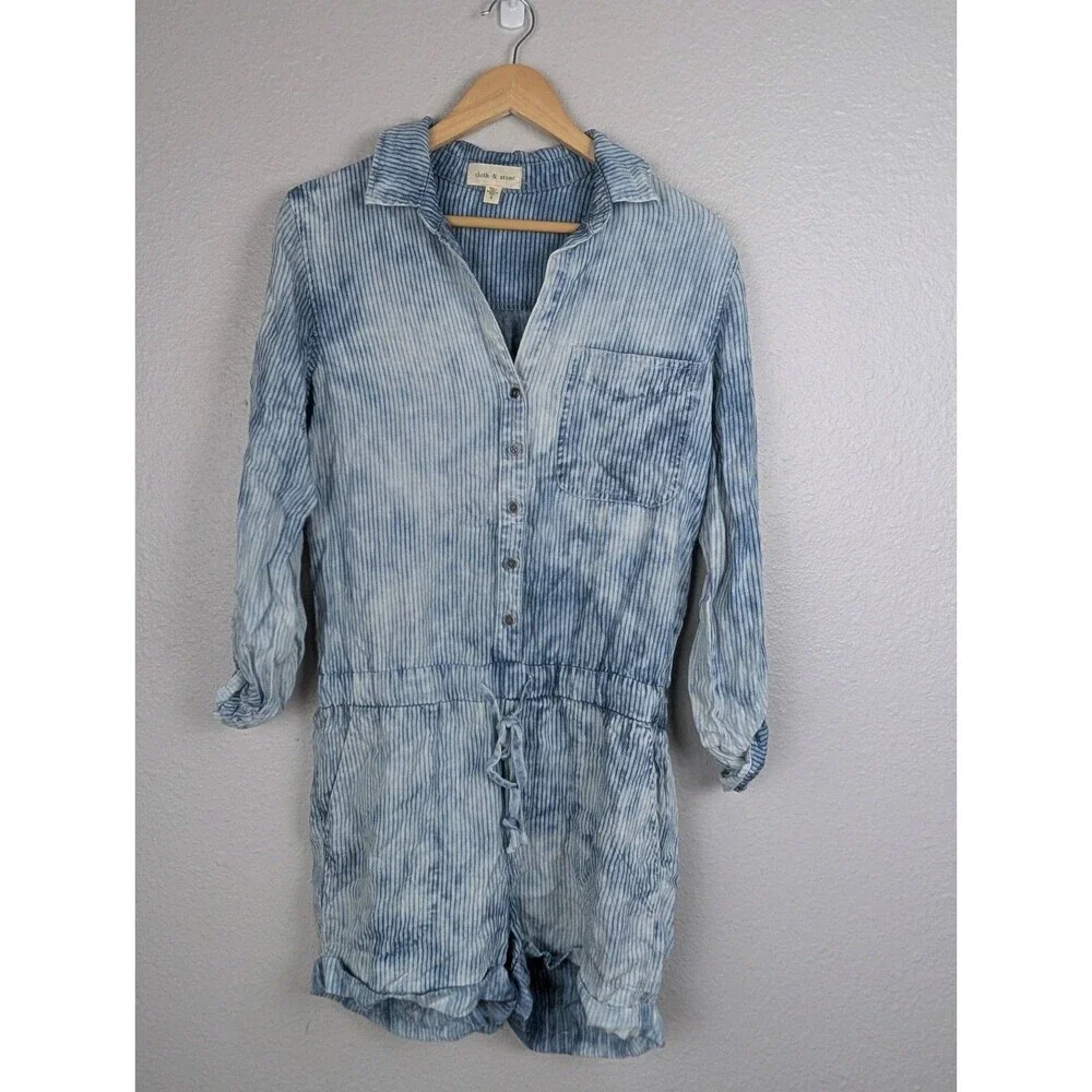 Cloth & Stone Blue Stripes LONG SLEEVE ROMPER SHORTS Women's Size‎ S Boho 200 - Picture 2 of 8
